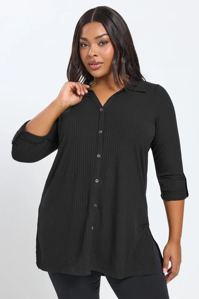 Yours Curve Black Button Through Ribbed Top