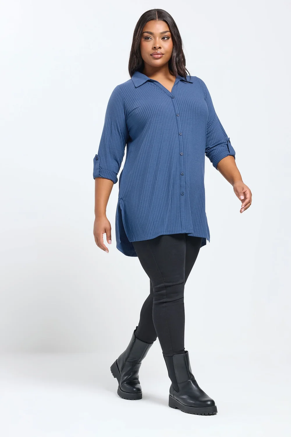 Yours Curve Dark Blue Button Through Ribbed Top - Size 26-28 Image 2