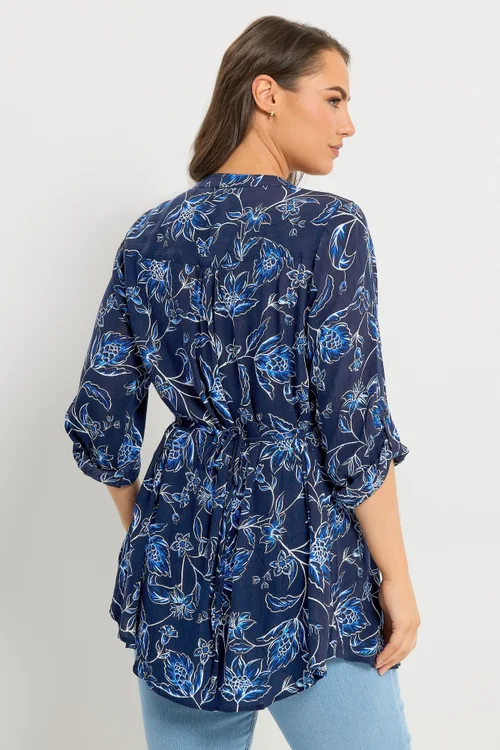 Yours Curve Navy Blue Floral Print Pintuck Blouse - 26-28 Image 3