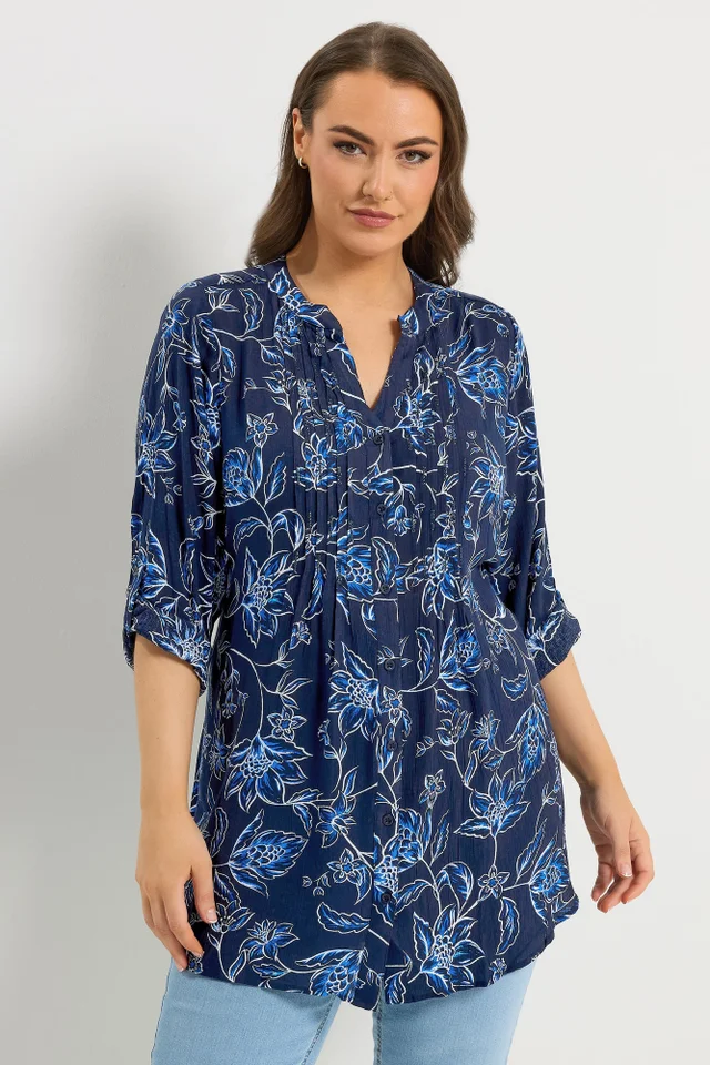 Yours Curve Navy Blue Floral Print Pintuck Blouse