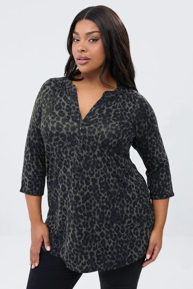 Yours Curve Dark Green Leopard Print Placket Top
