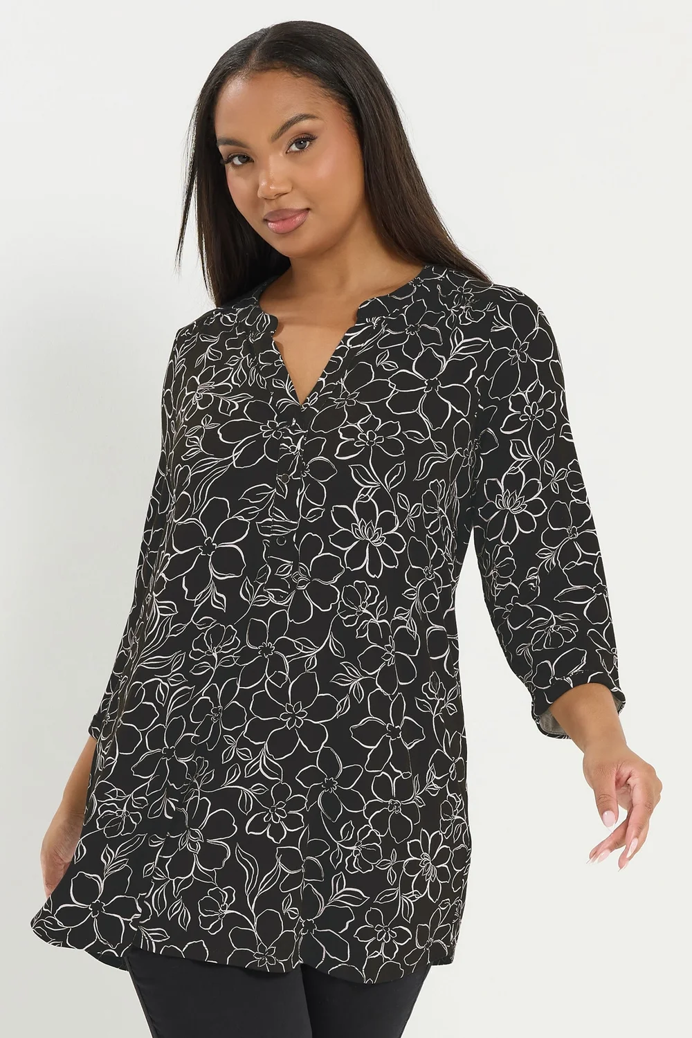 Yours Curve Black Floral Print Placket Top - Size 26-28 Image 1