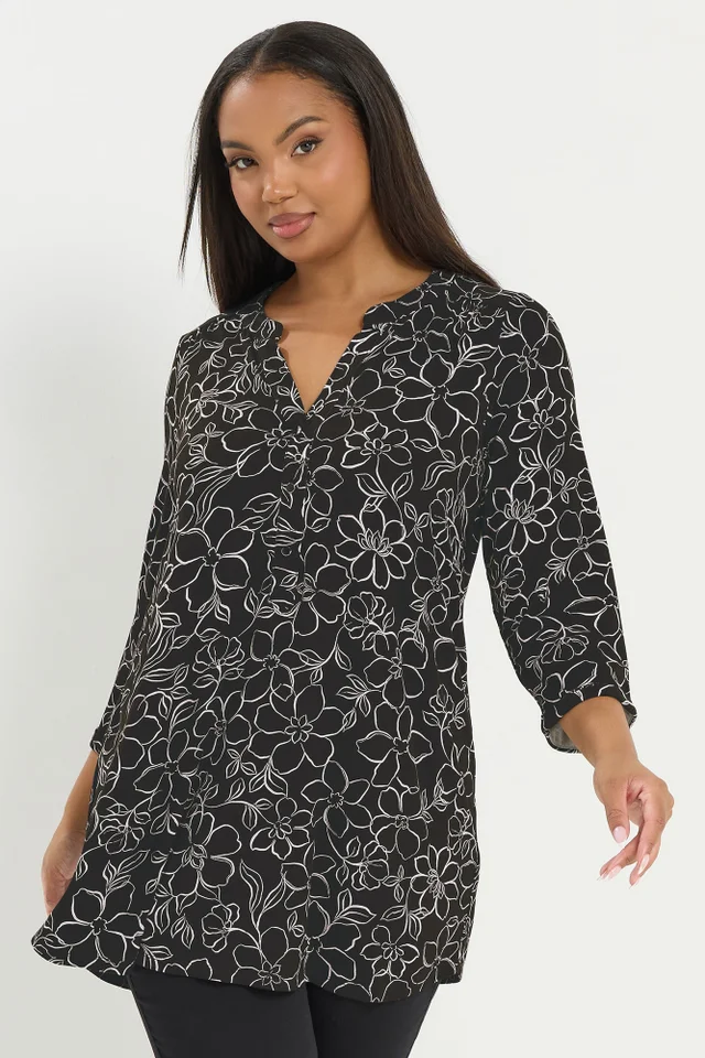 Yours Curve Black Floral Print Placket Top