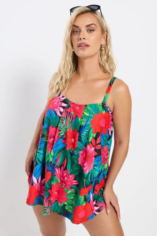 Yours Curve Black Tropical Print Tankini Top - Size 18 Image 2