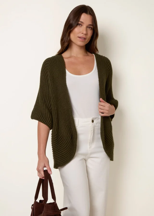 Blue Vanilla Khaki Pointelle Knit Cardigan