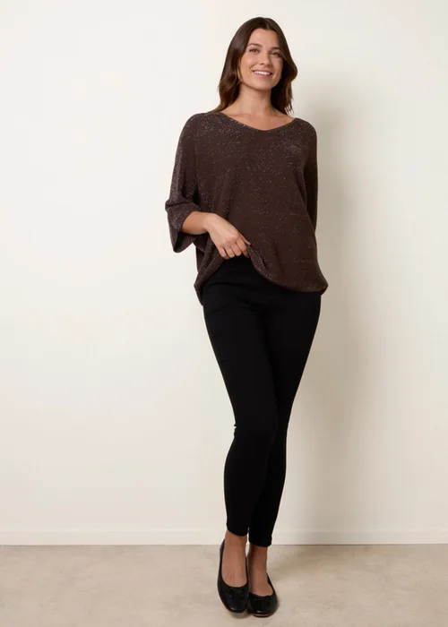 Blue Vanilla Brown Metallic V Neck Knitted Ripple Jumper - One Size Image 2