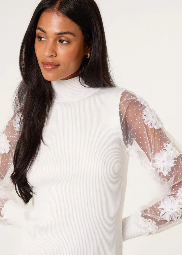 Blue Vanilla White Turtle Neck Jumper With Mesh Polka Dot & Flower Detailed Sleeve