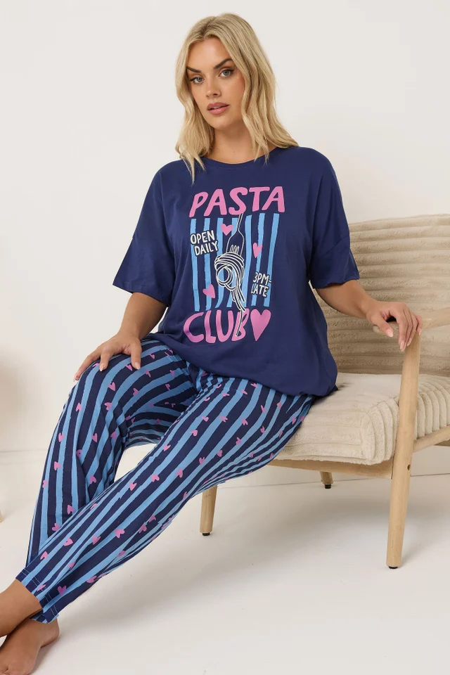 Yours Curve Navy Blue 'Pasta Club' Wide Leg Striped Pyjama Set
