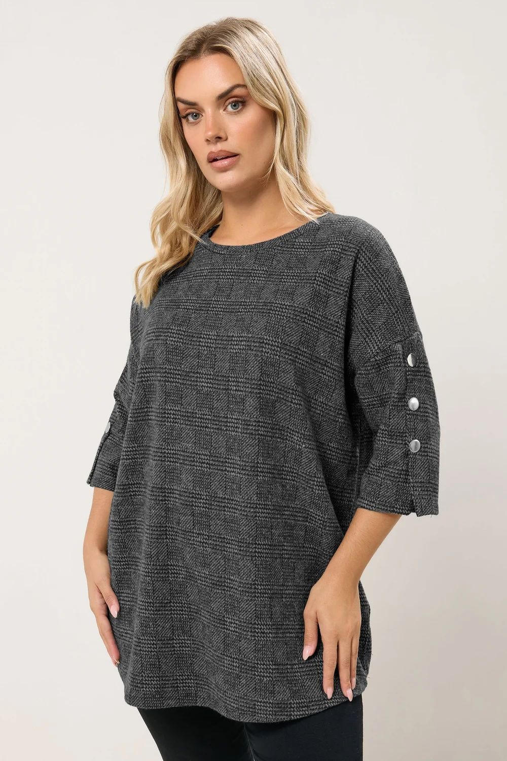 Yours Curve Grey Check Soft Touch Button Top - Size 20 Image 1