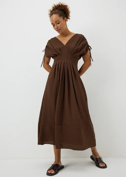 Chocolate Brown Textured Cinched Waist Midaxi Dress - 8 Image 1