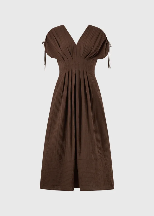 Chocolate Brown Textured Cinched Waist Midaxi Dress