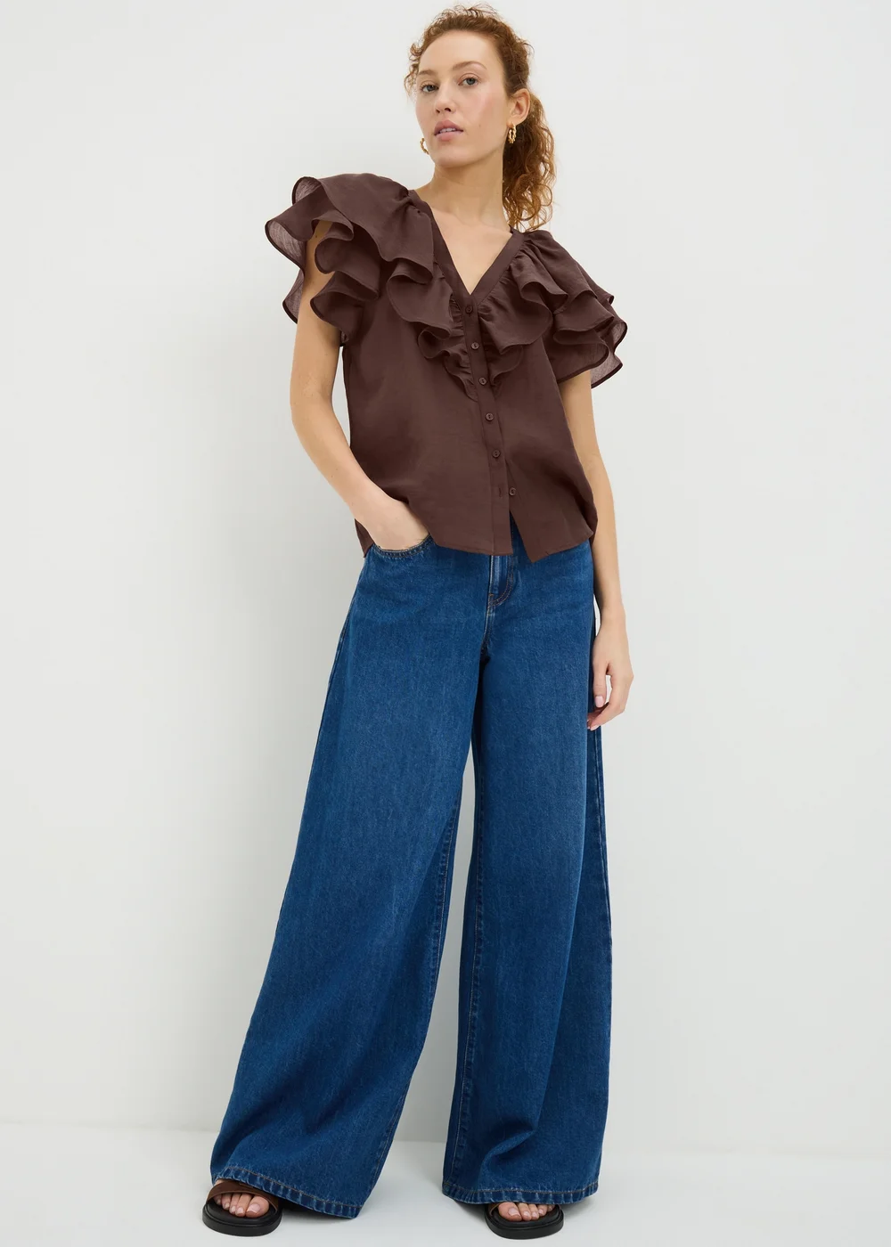 Chocolate Brown Frill Short Sleeve Blouse - 12 Image 1