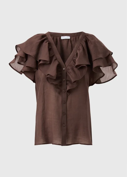 Chocolate Brown Frill Short Sleeve Blouse - 12 Image 4