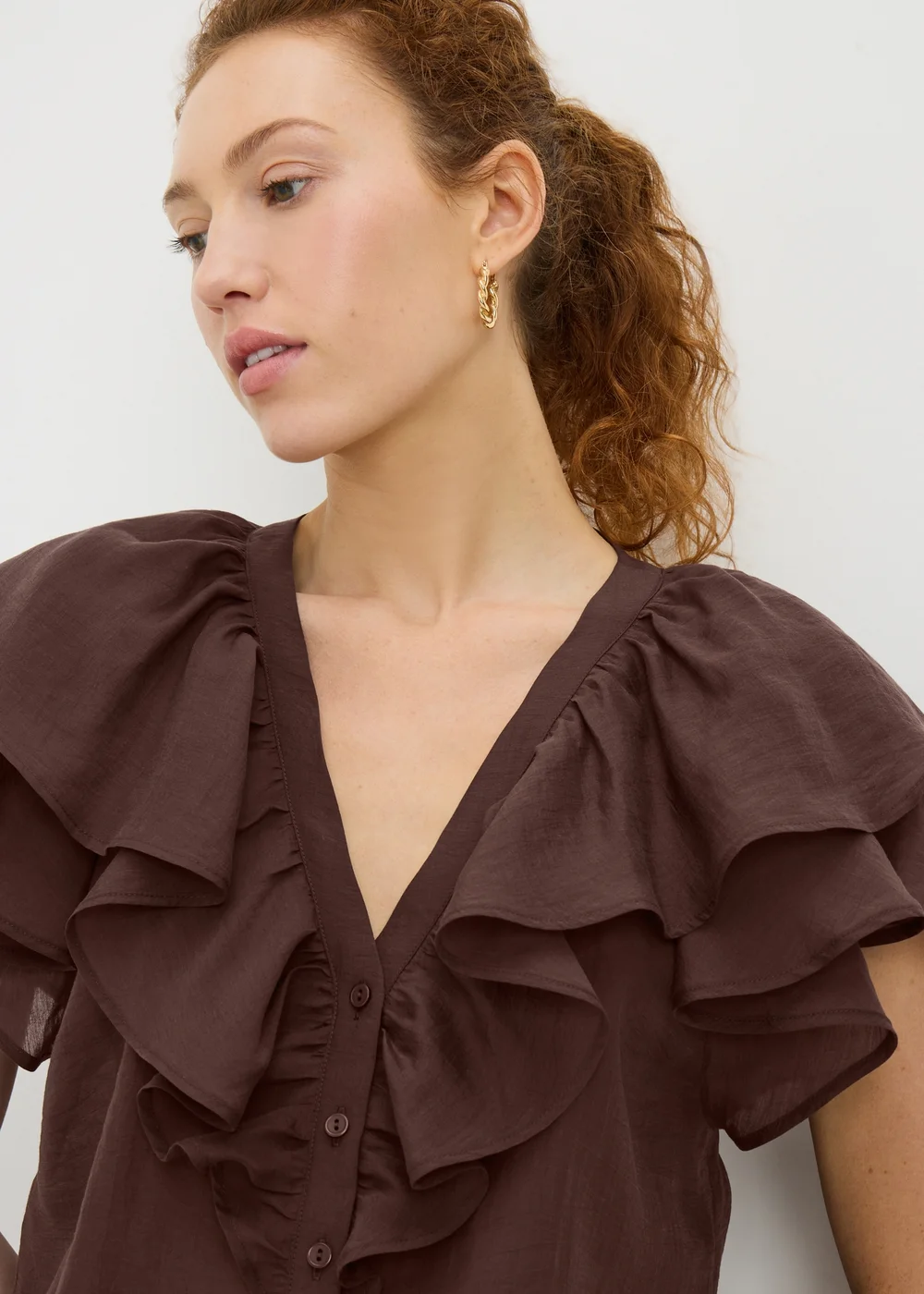 Chocolate Brown Frill Short Sleeve Blouse - 12 Image 2