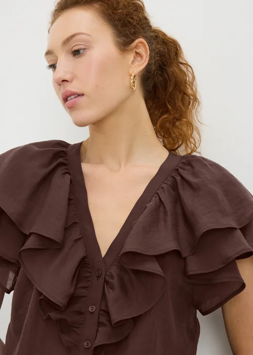 Chocolate Brown Frill Short Sleeve Blouse - 12 Image 2