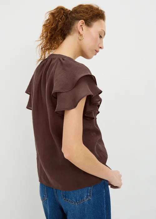 Chocolate Brown Frill Short Sleeve Blouse - 12 Image 3