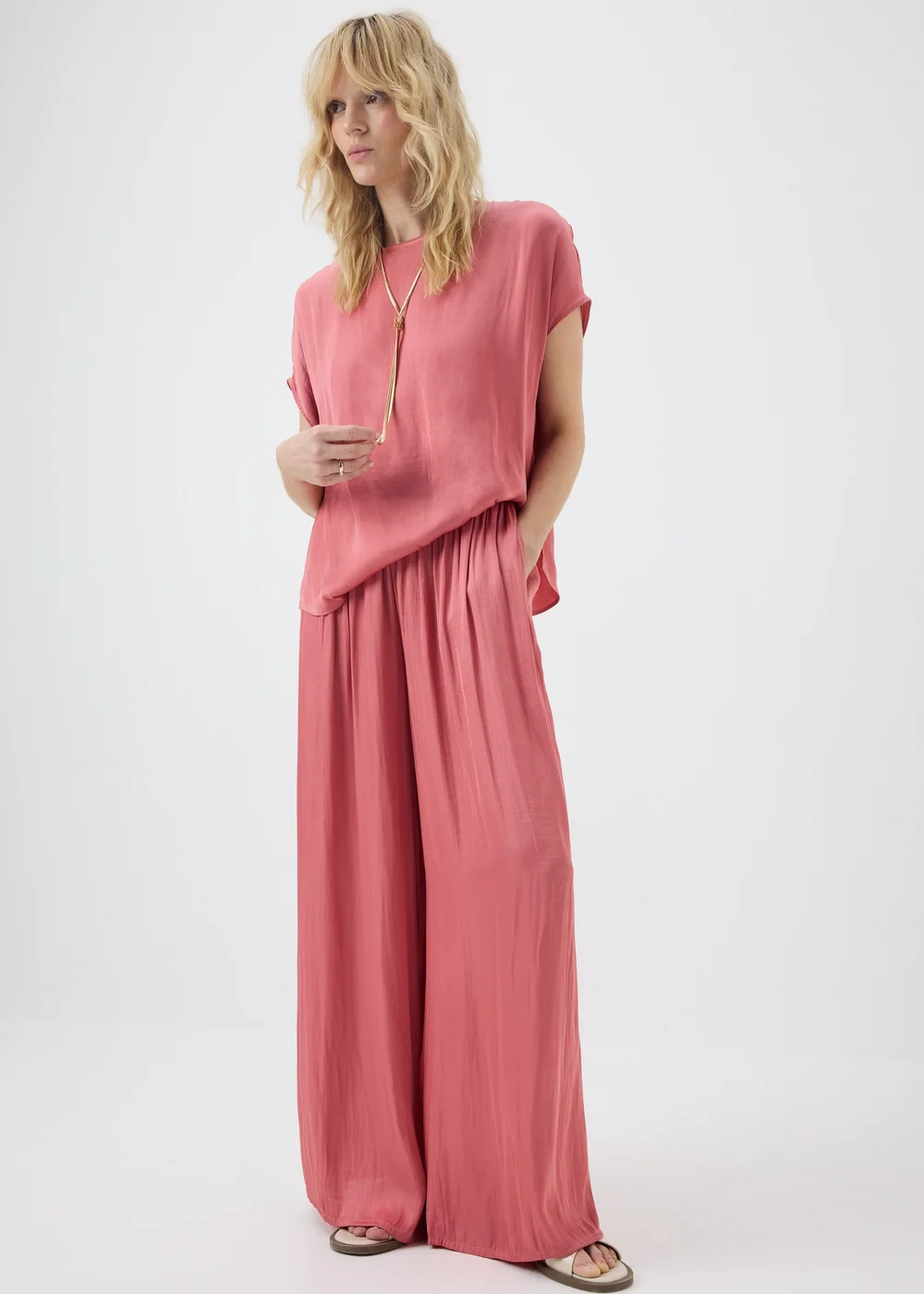Pink Satin Wide Leg Co Ord Trousers - 8 R Image 1