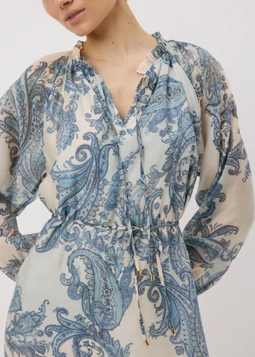 Blue Paisley Tie Neck Mini Shirt Dress - 8 Image 3