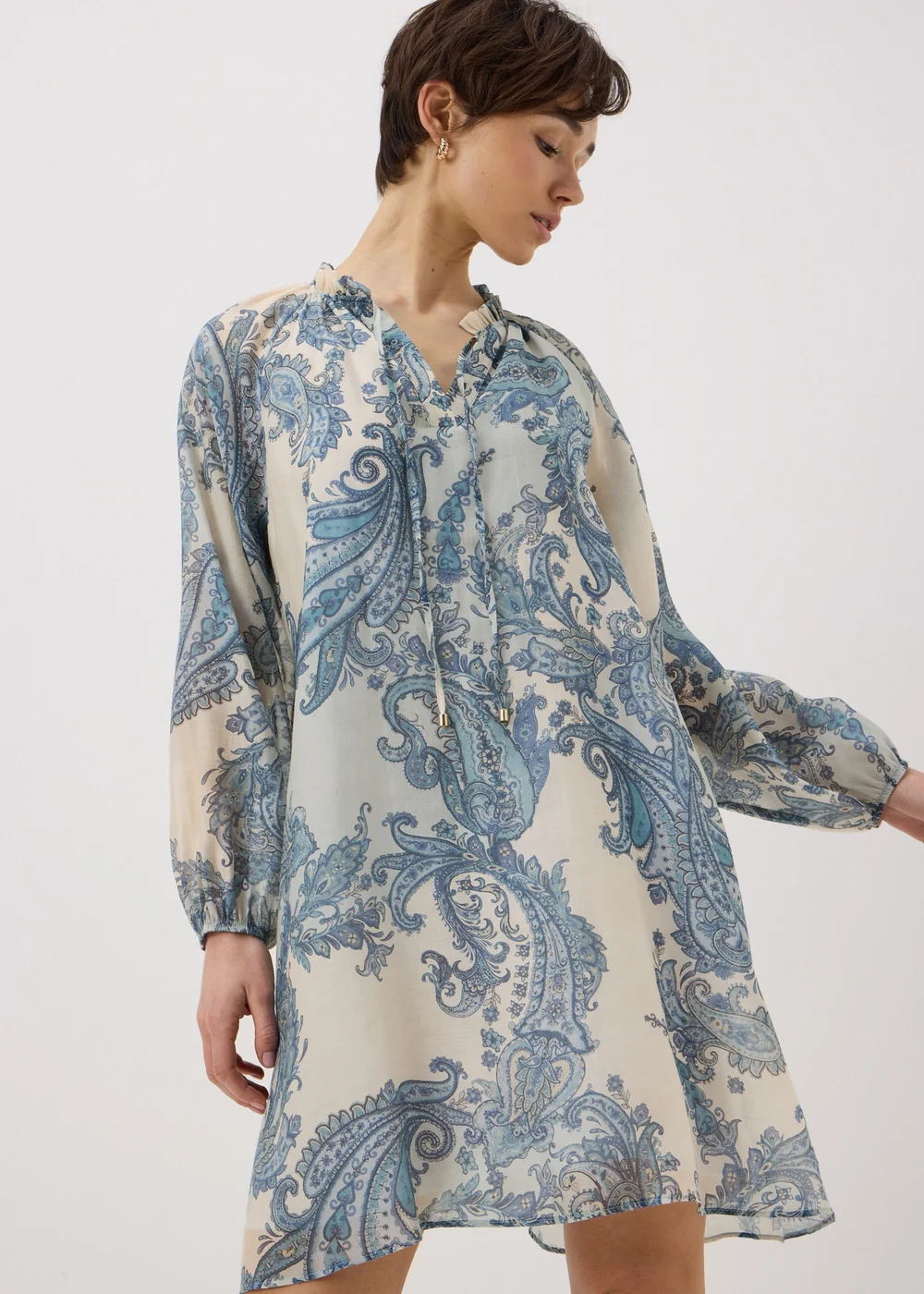 Blue Paisley Tie Neck Mini Shirt Dress - 8 Image 1