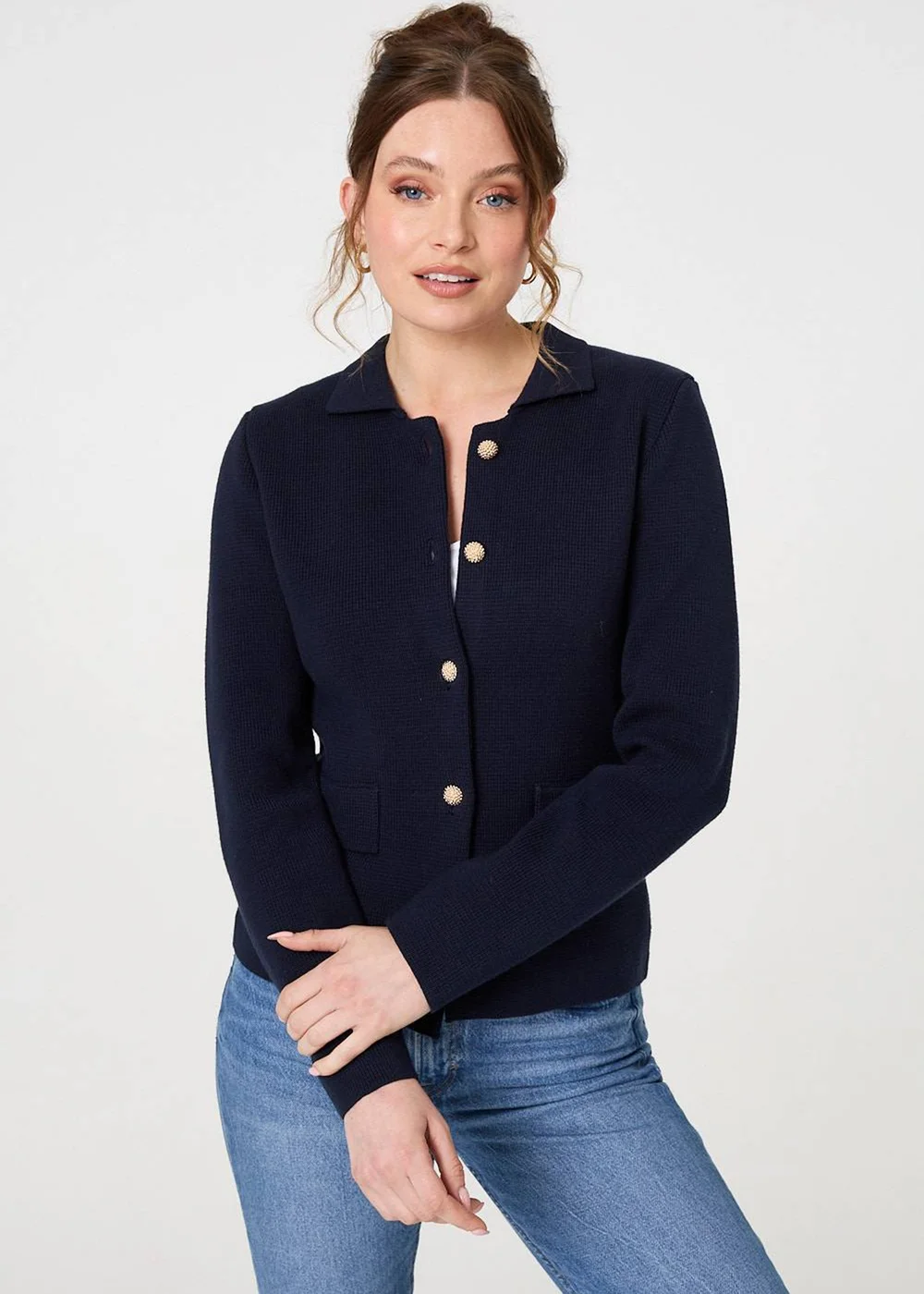 Izabel London Navy Textured Button Front Collared Jacket - 8 Image 1