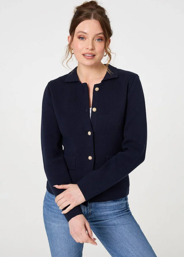 Izabel London Navy Textured Button Front Collared Jacket