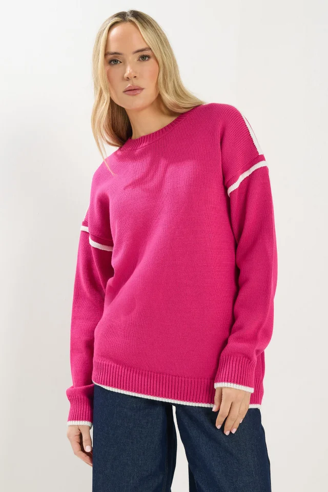 Long Tall Sally Hot Pink Piped Crew Neck Jumper