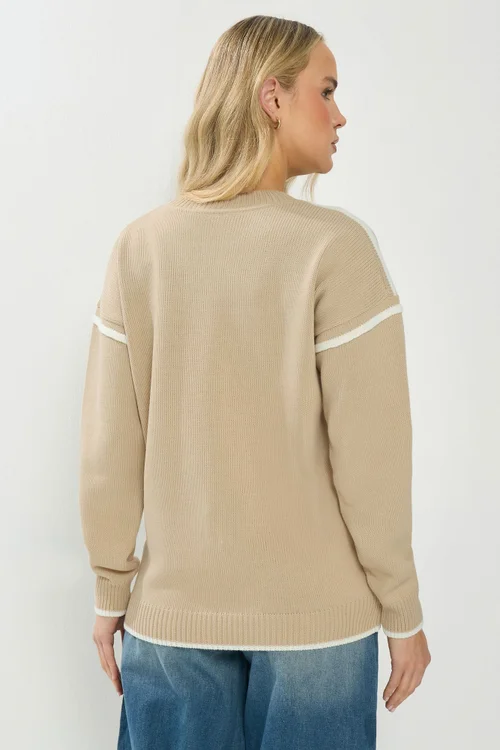 Long Tall Sally Natural Brown Piped Crew Neck Jumper - Size 22-24 Image 3