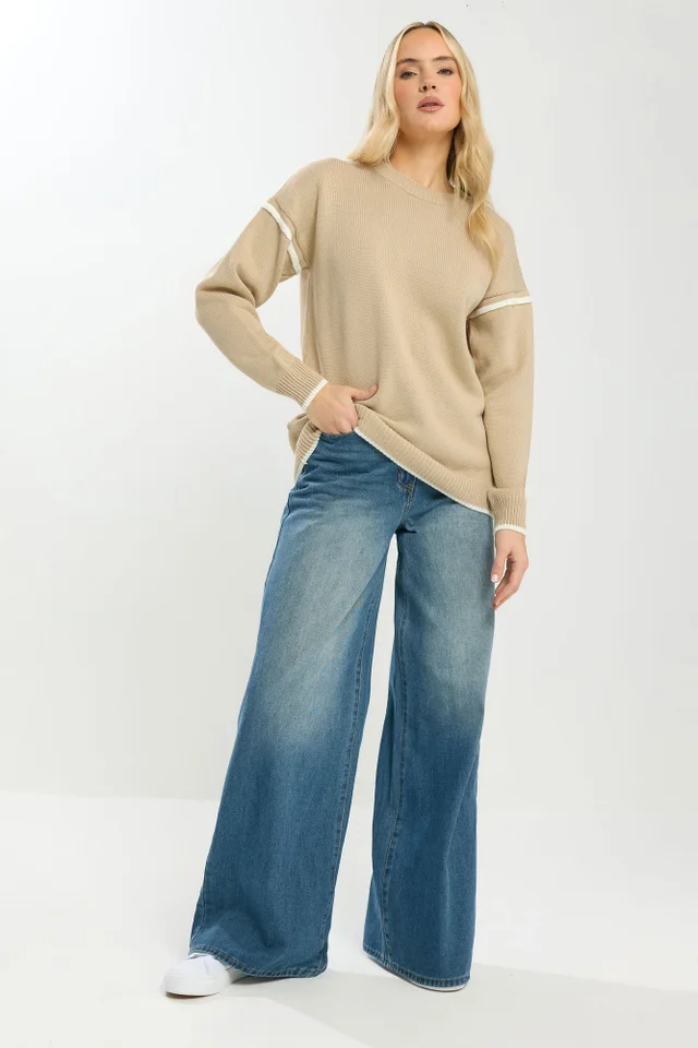 Long Tall Sally Natural Brown Piped Crew Neck Jumper