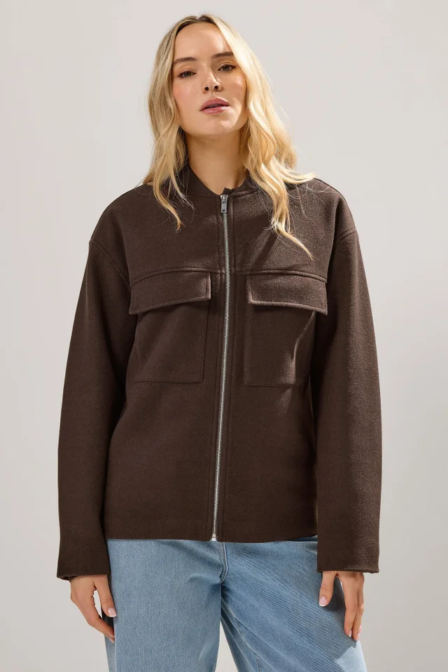 Long Tall Sally Chocolate Brown Brushed Pocket Bomber Jacket