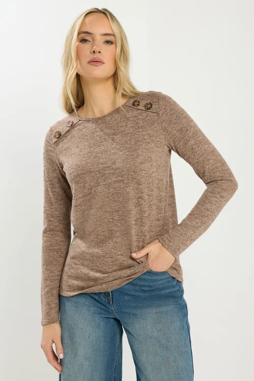 Long Tall Sally Beige Brown Marl Button Long Sleeve Top - Size 14 Image 1