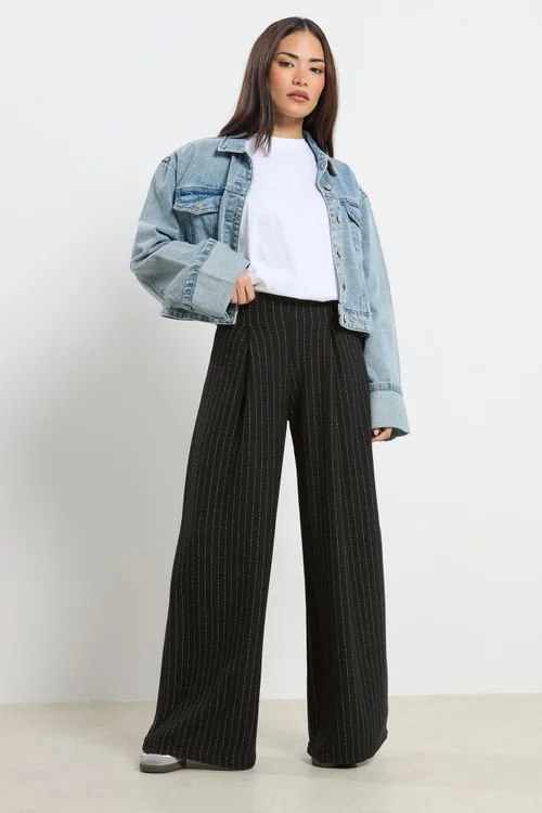 PixieGirl Petite Black Pinstripe Palazzo Wide Leg Trousers - 10 Image 1