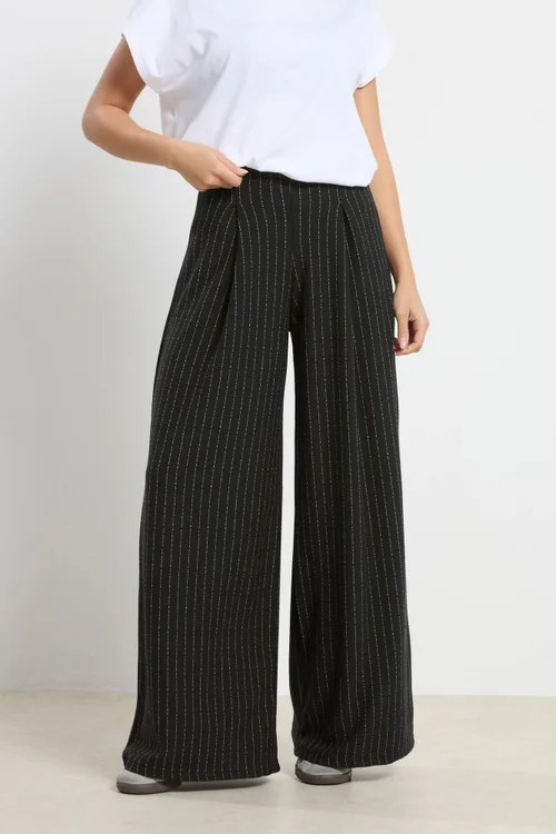 PixieGirl Petite Black Pinstripe Palazzo Wide Leg Trousers - 10 Image 2