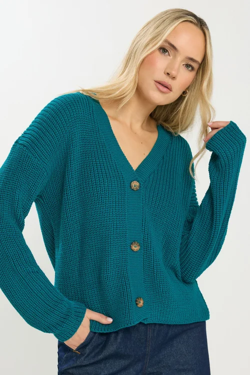 Long Tall Sally Teal Blue V-Neck Cardigan - Size 22-24 Image 1