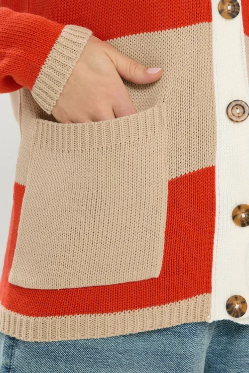 Long Tall Sally Natural Brown & Red Stripe Cardigan - Size 10-12 Image 4