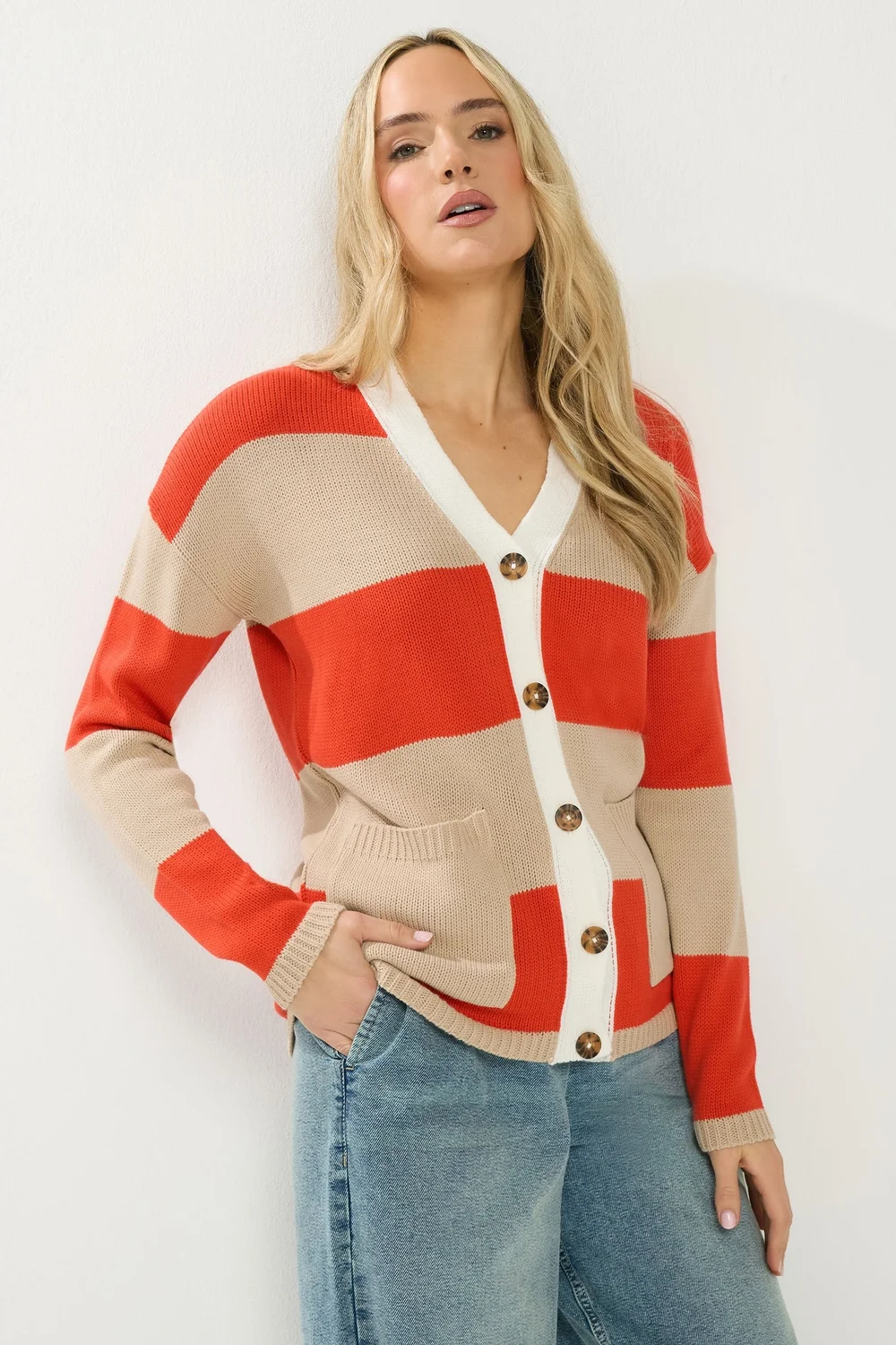 Long Tall Sally Natural Brown & Red Stripe Cardigan - Size 10-12 Image 1
