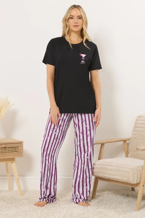 Long Tall Sally Black 'Happy Hour' Cocktail Wide Leg Pyjama Set - Size 10-12 Image 1