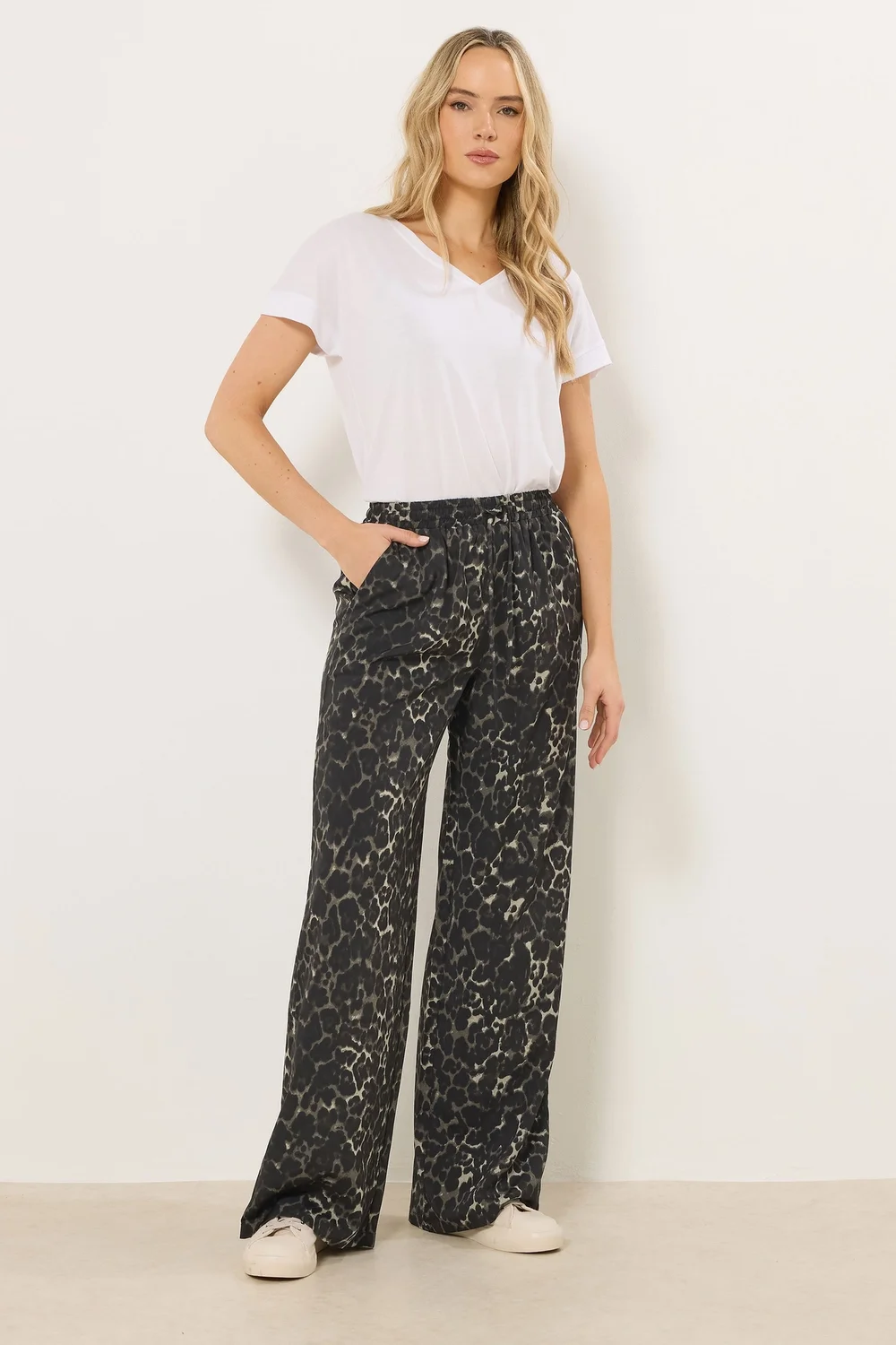 Long Tall Sally Grey Leopard Print Wide Leg Trousers - Size 14, Leg 36 Image 1