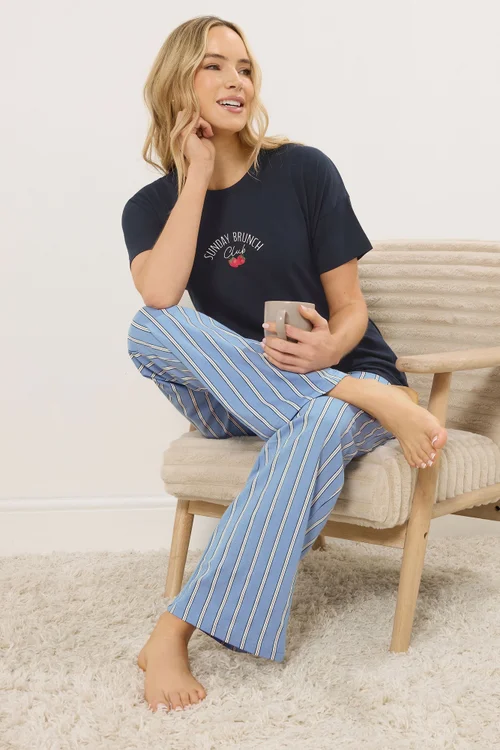 Long Tall Sally Navy Blue 'Sunday Brunch' Slogan Striped Pyjama Set - Size 22-24 Image 1