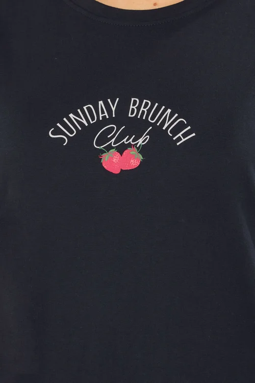 Long Tall Sally Navy Blue 'Sunday Brunch' Slogan Striped Pyjama Set - Size 22-24 Image 5