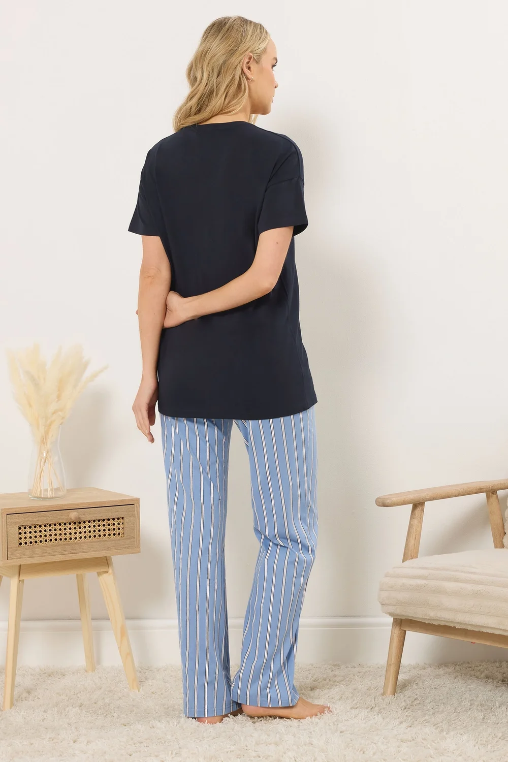 Long Tall Sally Navy Blue 'Sunday Brunch' Slogan Striped Pyjama Set - Size 22-24 Image 4