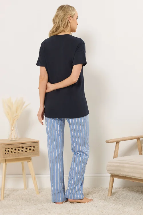 Long Tall Sally Navy Blue 'Sunday Brunch' Slogan Striped Pyjama Set - Size 22-24 Image 4