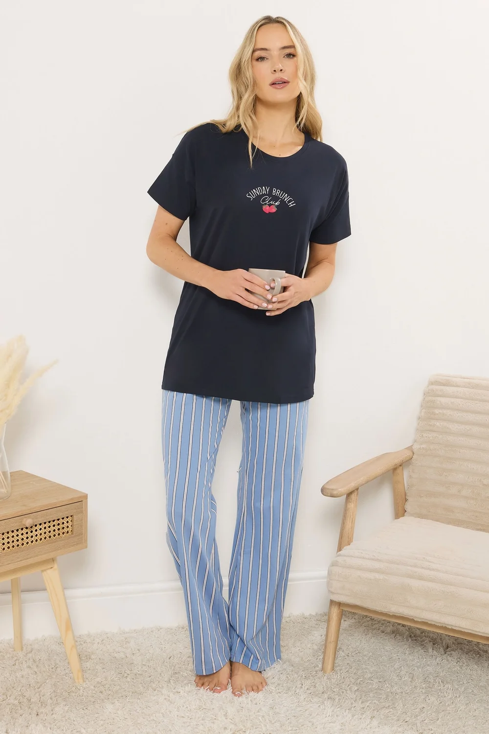 Long Tall Sally Navy Blue 'Sunday Brunch' Slogan Striped Pyjama Set - Size 22-24 Image 3