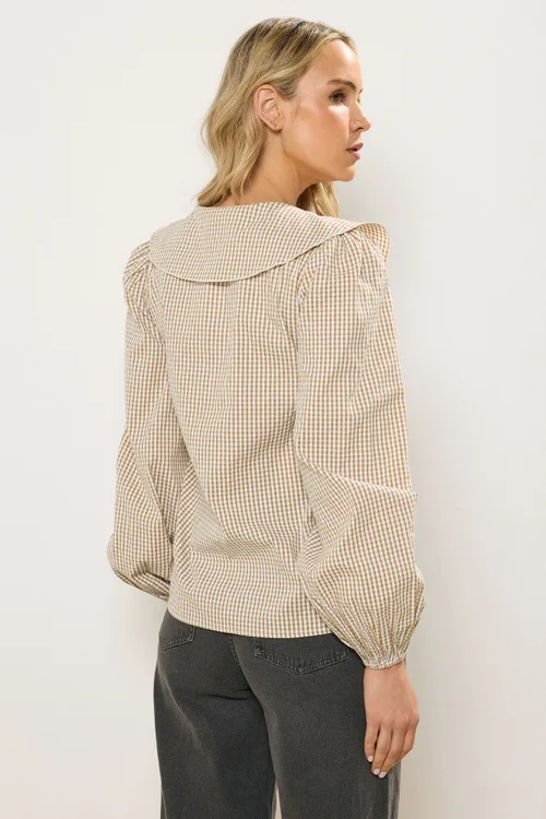 Long Tall Sally Brown Cotton Gingham Check Collar Shirt - 16 Image 4