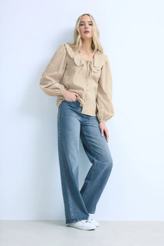 Long Tall Sally Brown Cotton Gingham Check Collar Shirt