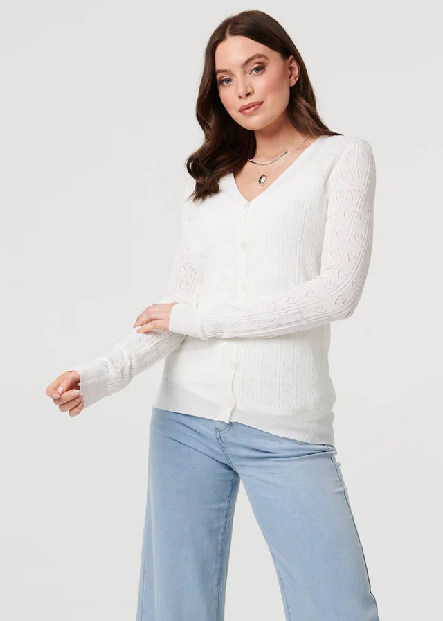 Izabel London White Semi Sheer Heart Textured Slim Cardigan