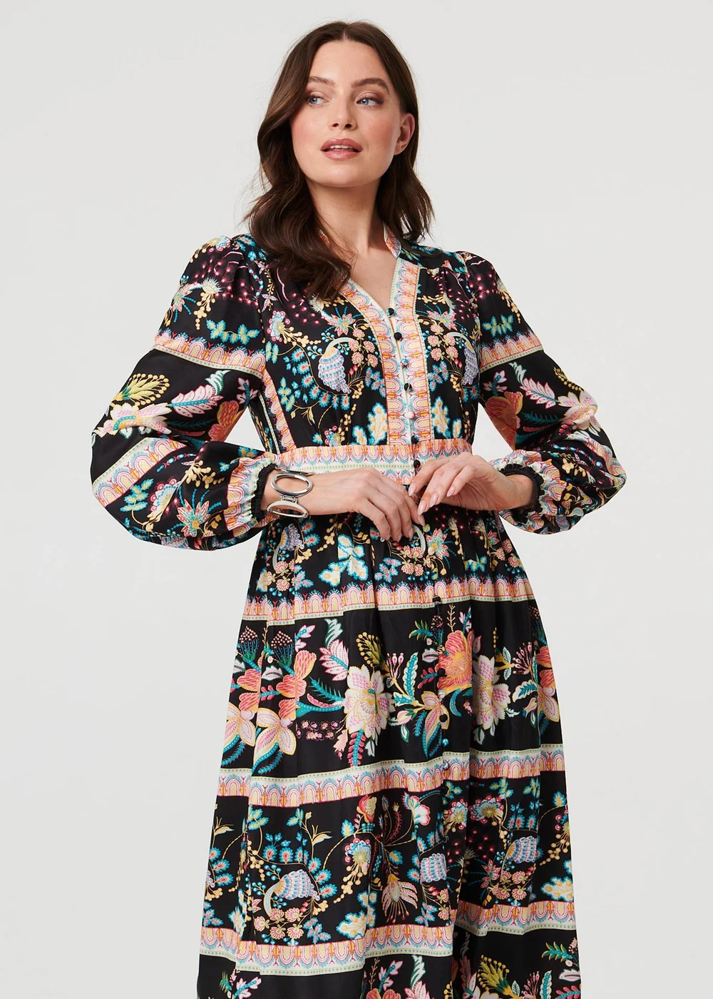 Izabel London Black Floral Long Sleeve Buttoned Midi Dress - 16 Image 4