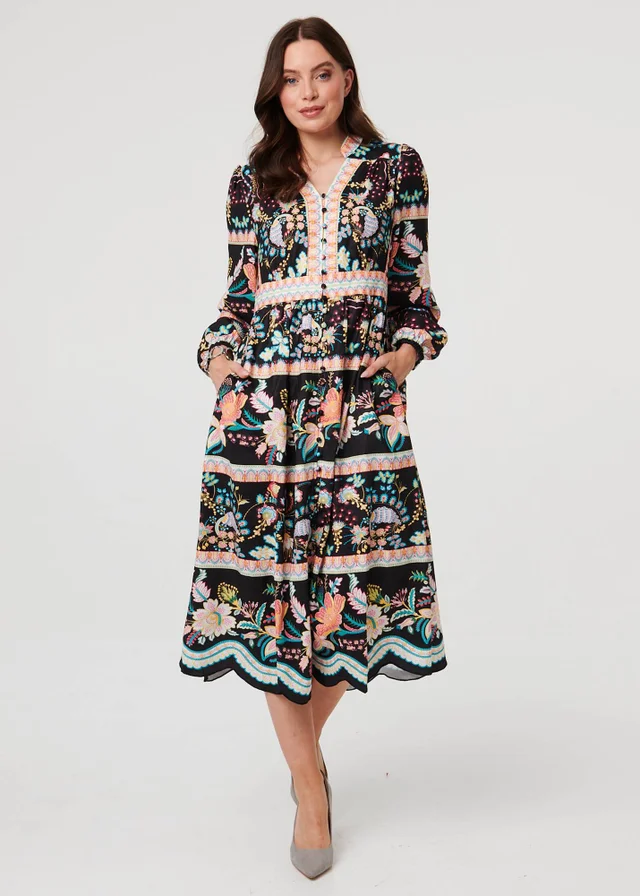 Izabel London Black Floral Long Sleeve Buttoned Midi Dress