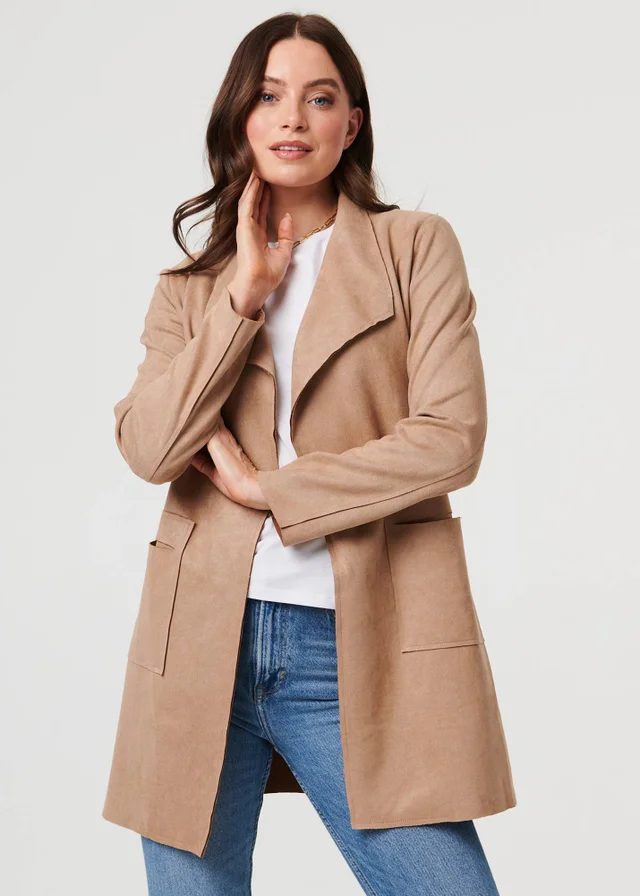 Izabel London Brown Faux Suede Collared Open Front Jacket