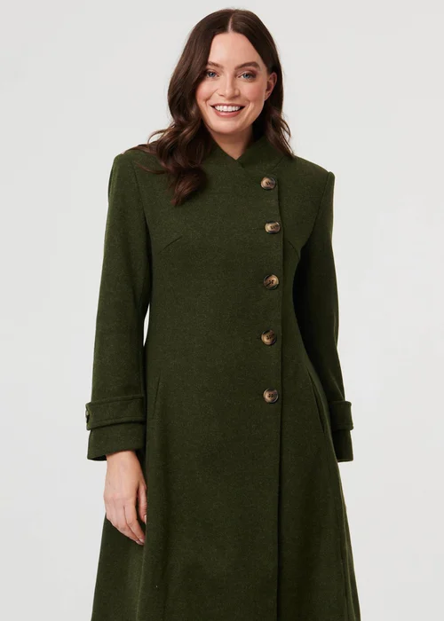 Izabel London Khaki Button Front Funnel Neck Coat - 10 Image 4