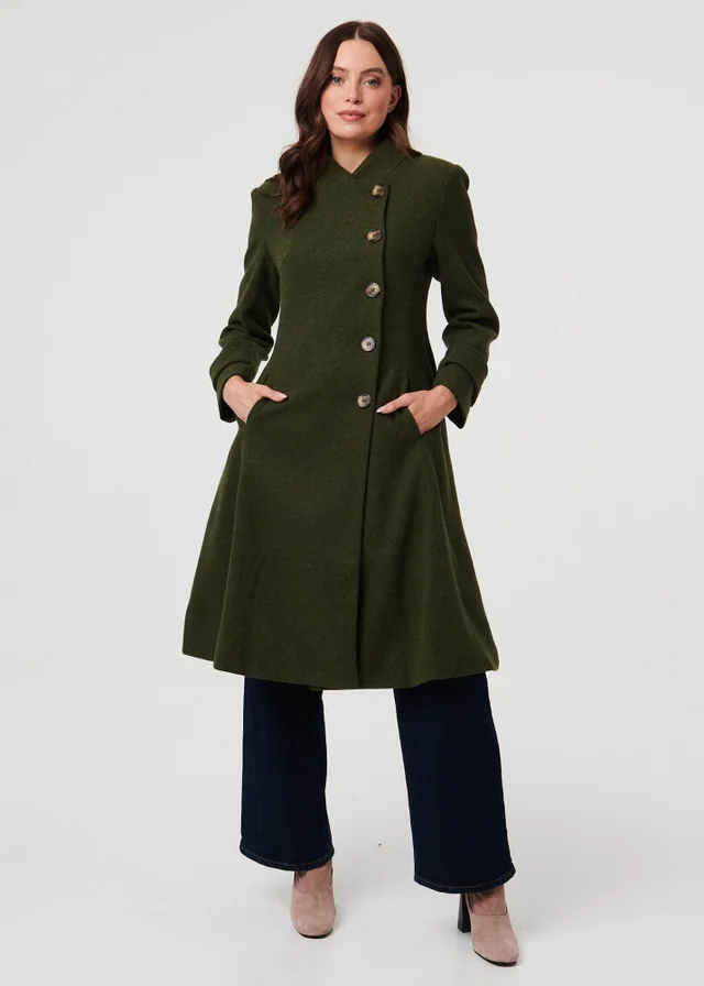 Izabel London Khaki Button Front Funnel Neck Coat